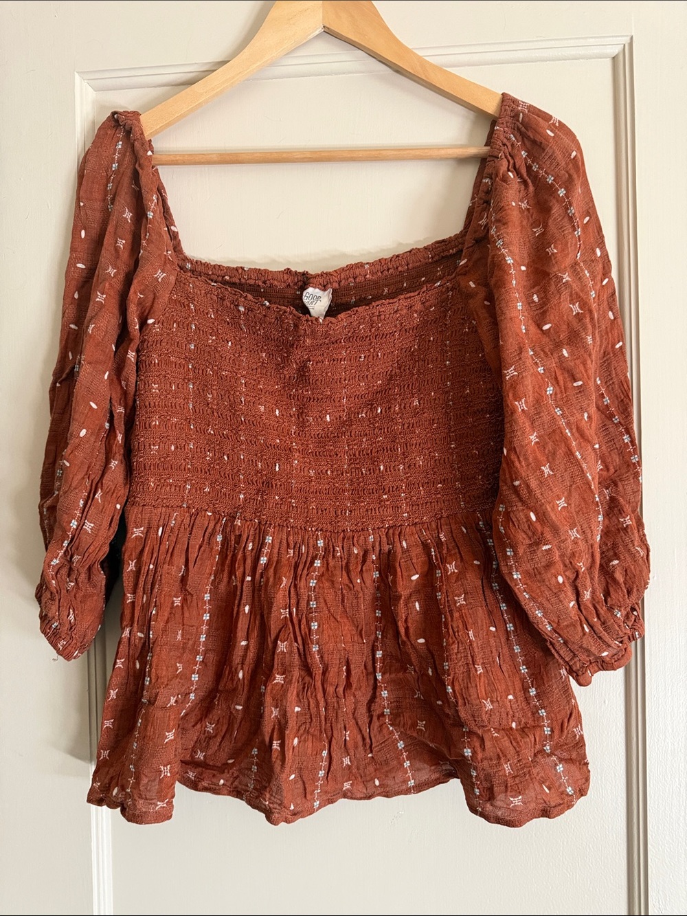 Women's Rust Smocked Peasant Blouse with Balloon Sleeves